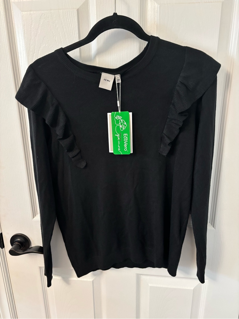 ICHI Black Ruffle Shoulder Crew Neck Sweater